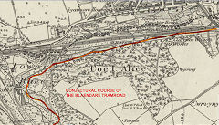 Conjectural route of the Blaendare Tramroad based on the 1881 OS map, © Crown Copyright reserved